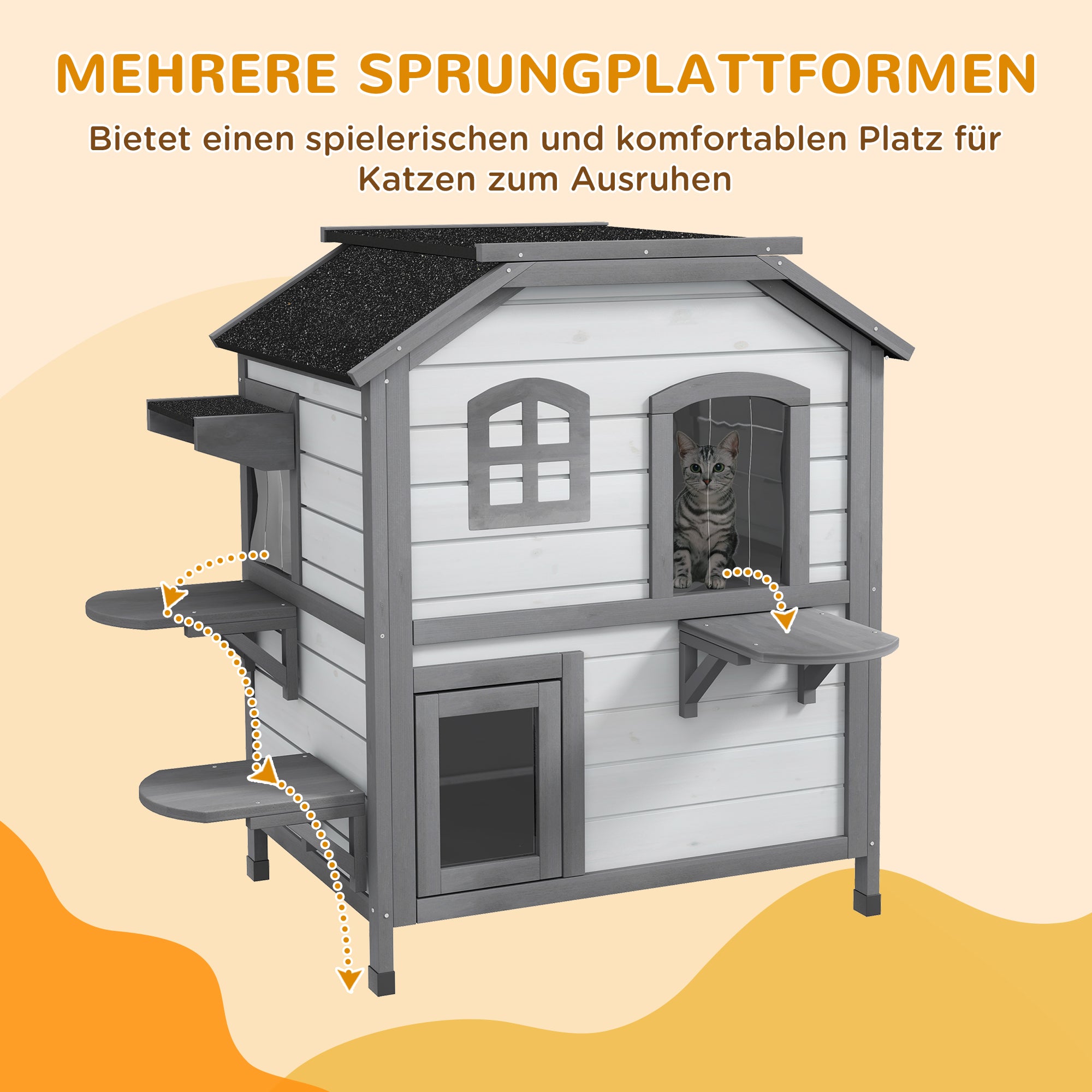 Wooden Cat House 2-Story Winterproof Waterproof Cat Cottage with Asphalt Roof Foldable Lid Stairs Cat Cave Outdoor Shelter for Outside Garden Balcony 78 x 55.5 x 91 cm White