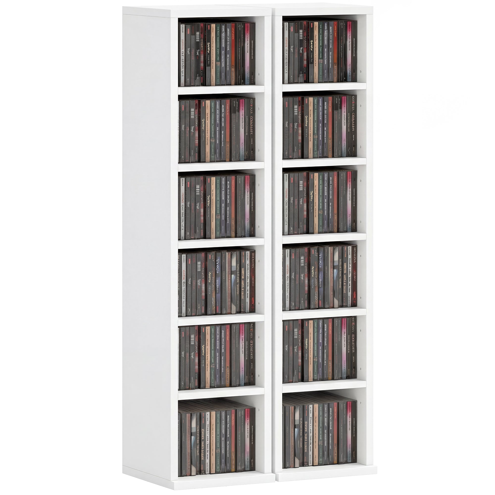 2-Pack Stackable CD, DVD & Blu-ray Shelf - 6 Adjustable Compartments, Media Storage Display, 21 x 22.5 x 88.5 cm, White