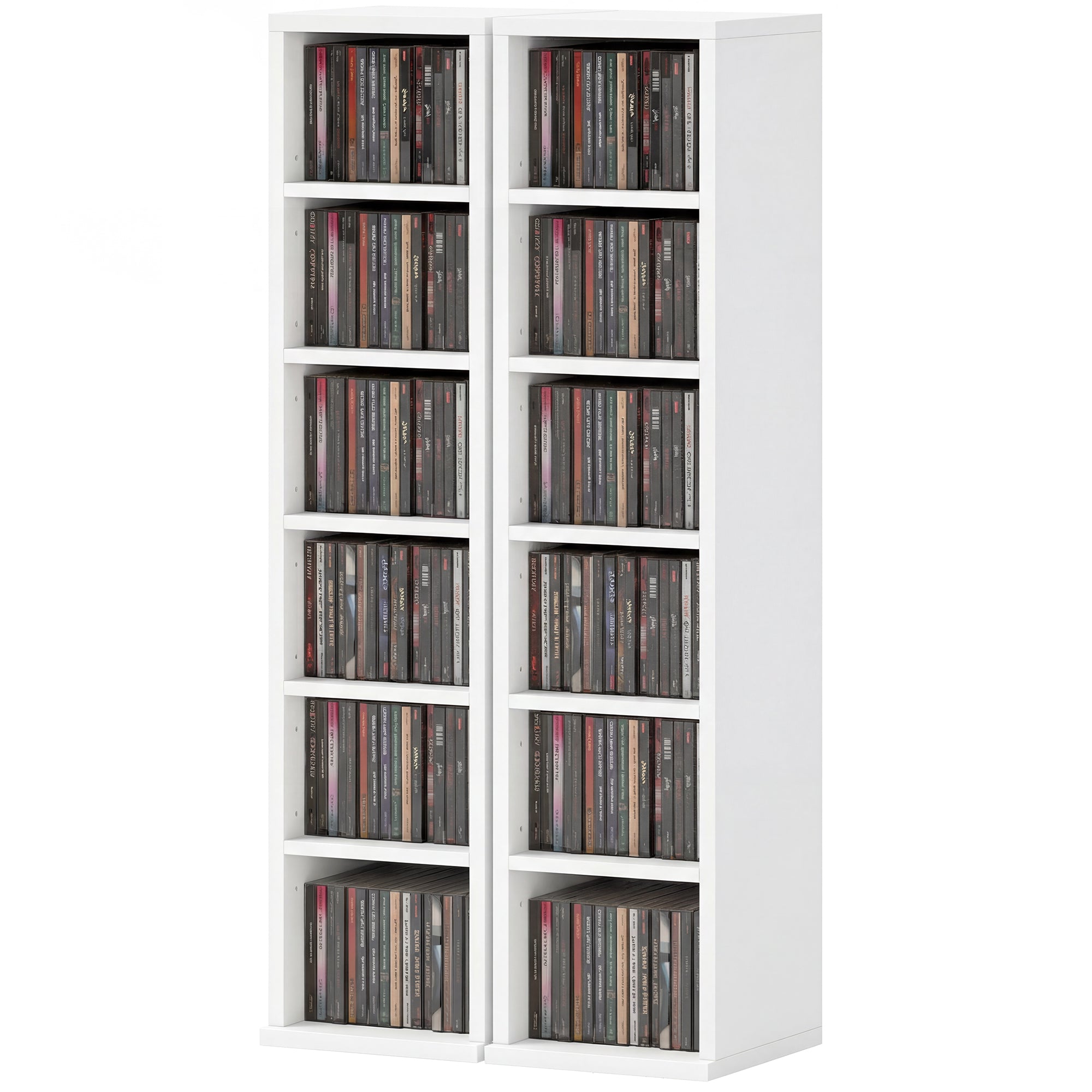 2-Pack Stackable CD, DVD & Blu-ray Shelf - 6 Adjustable Compartments, Media Storage Display, 21 x 22.5 x 88.5 cm, White
