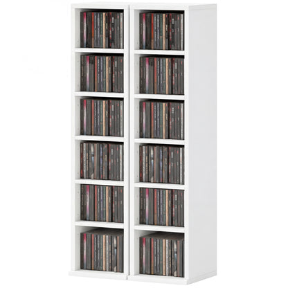 2-Pack Stackable CD, DVD & Blu-ray Shelf - 6 Adjustable Compartments, Media Storage Display, 21 x 22.5 x 88.5 cm, White