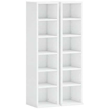 2-Pack Stackable CD, DVD & Blu-ray Shelf - 6 Adjustable Compartments, Media Storage Display, 21 x 22.5 x 88.5 cm, White