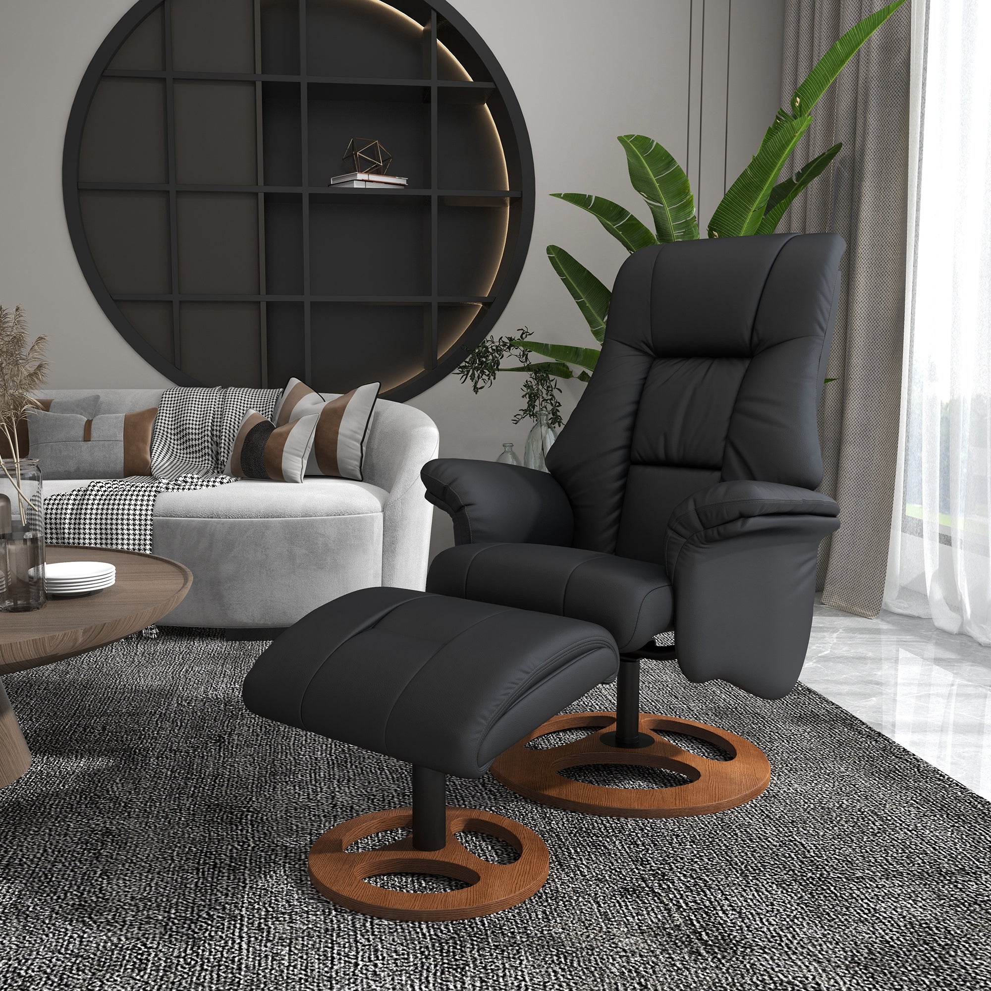 Recliner Chair with Footstool, TV Armchair, Lounge Chair with Reclining Function, 130° Tilt, for Living Room, Leisure Area, Faux Leather Black, 77 x 89 x 110 cm