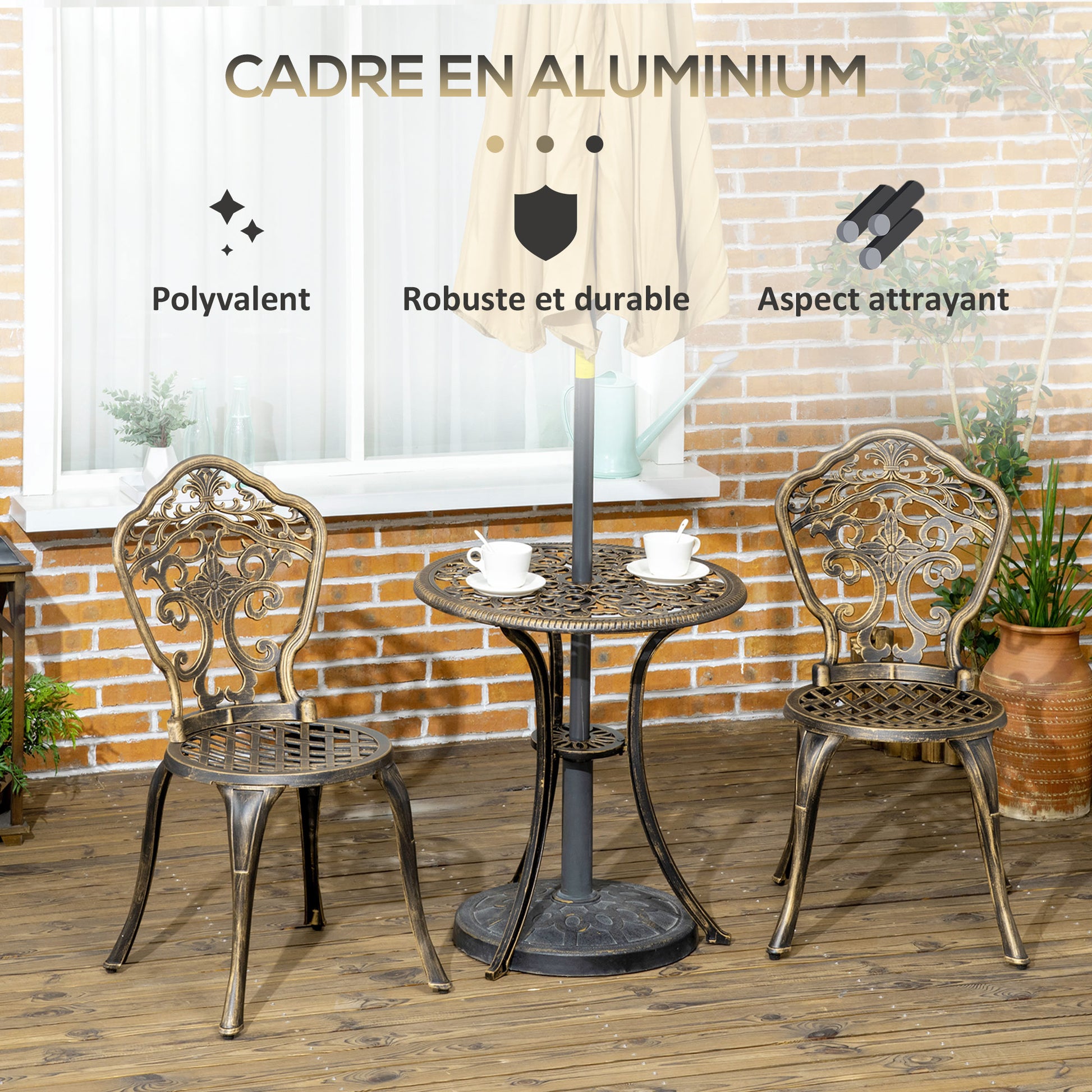 3-Piece Aluminum Garden Bistro Set Outdoor Patio Furniture with 2 Chairs and 1 Round Table Imitation Wrought Iron Bronze