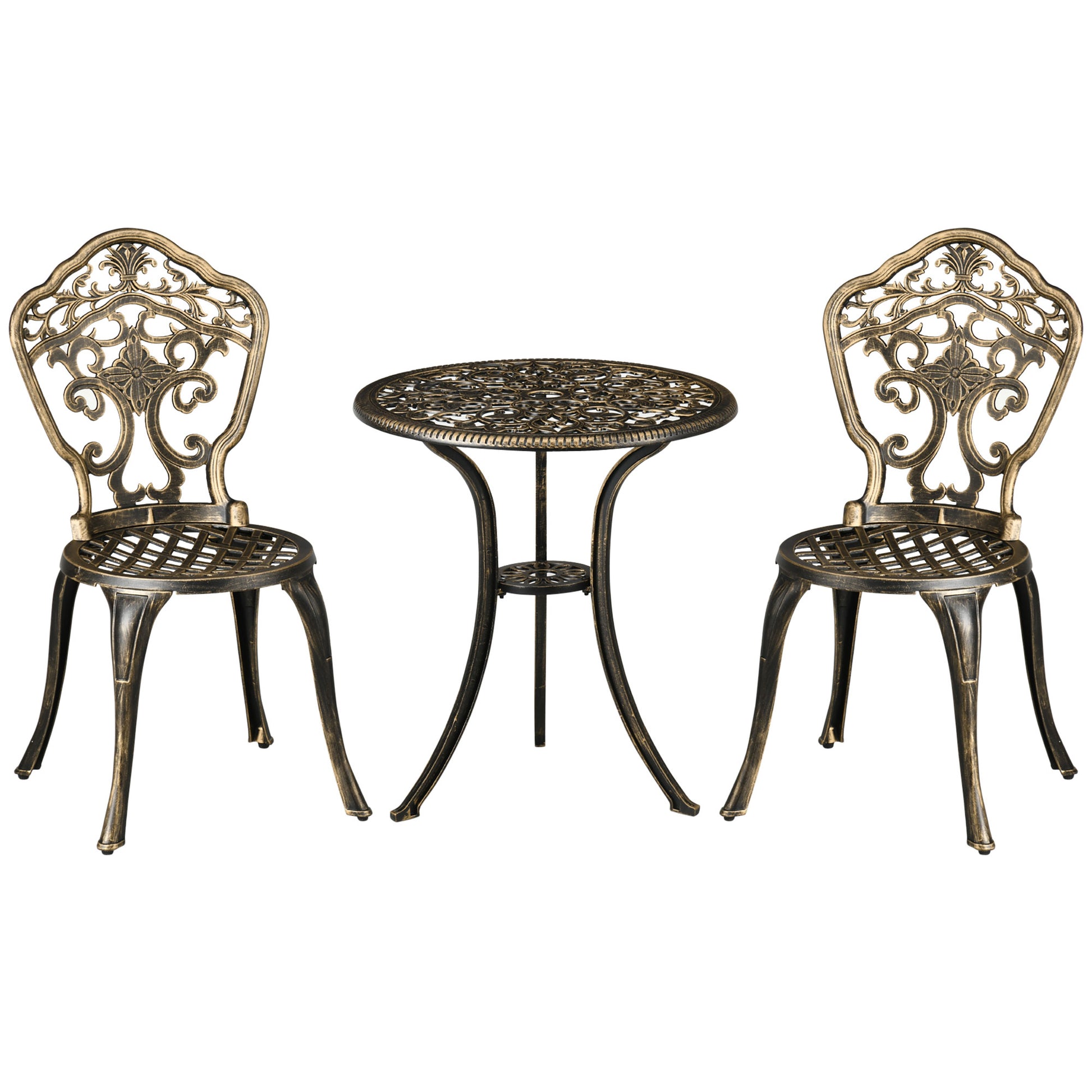 3-Piece Aluminum Garden Bistro Set Outdoor Patio Furniture with 2 Chairs and 1 Round Table Imitation Wrought Iron Bronze