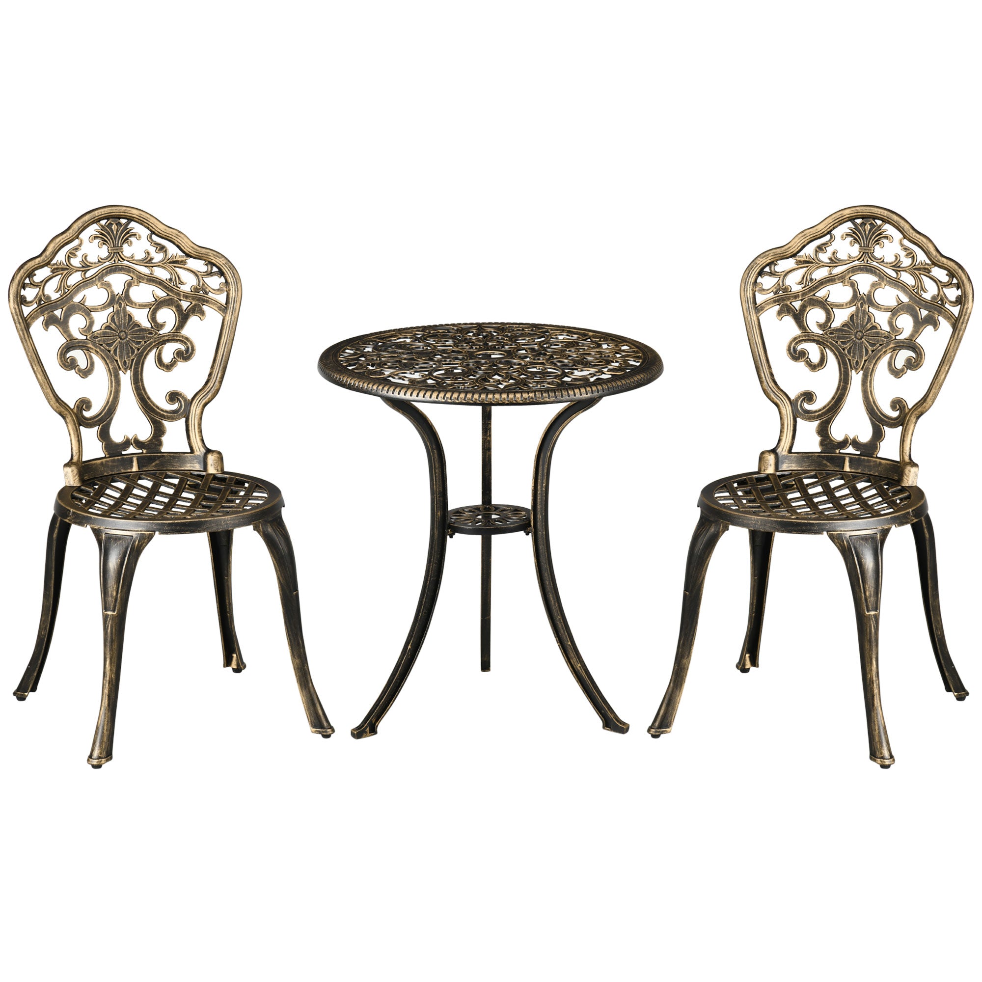 3-Piece Aluminum Garden Bistro Set Outdoor Patio Furniture with 2 Chairs and 1 Round Table Imitation Wrought Iron Bronze