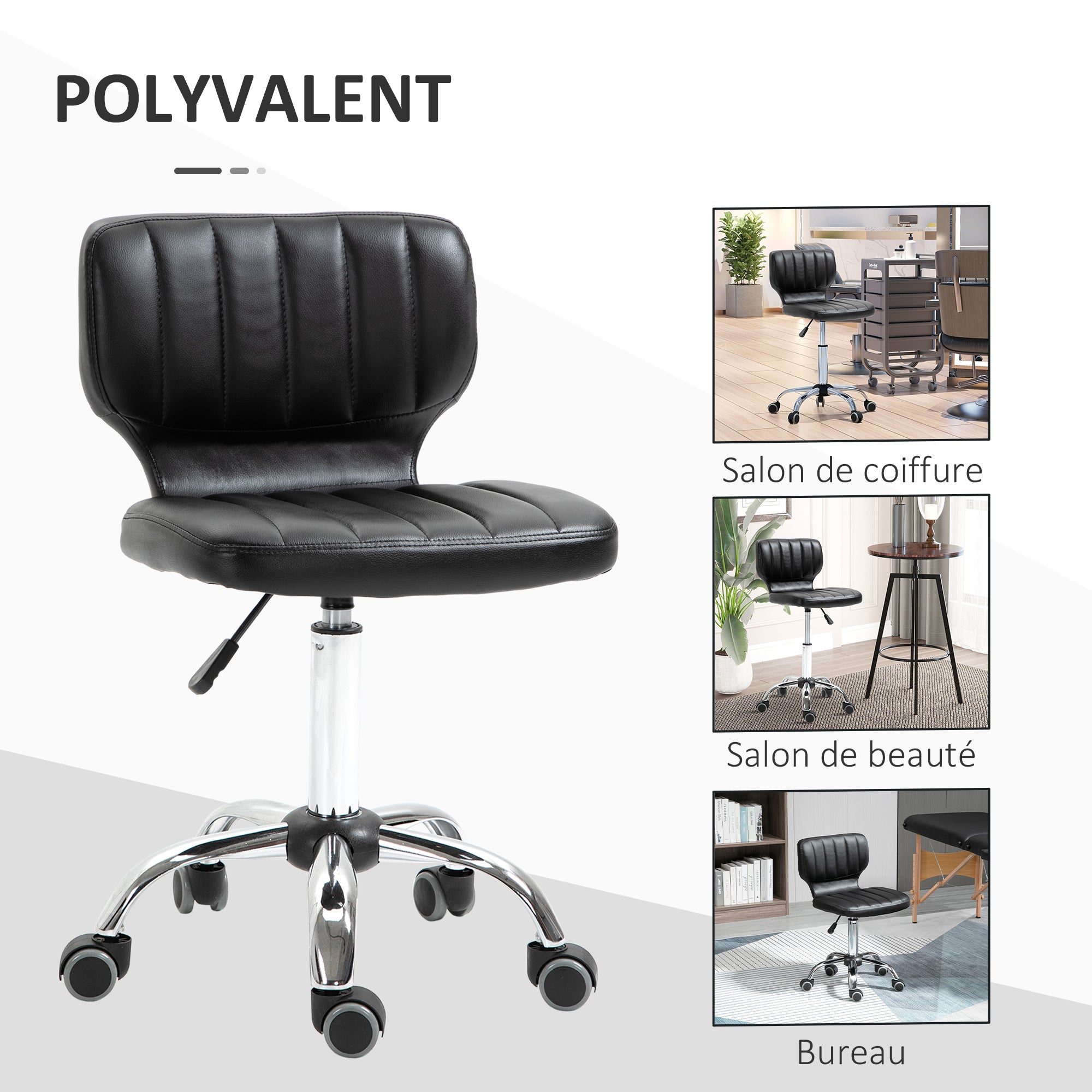 Rolling Stool - 360° swivel work stool - ergonomic stool - adjustable seat height 47-62 cm - padded synthetic cover black chrome metal