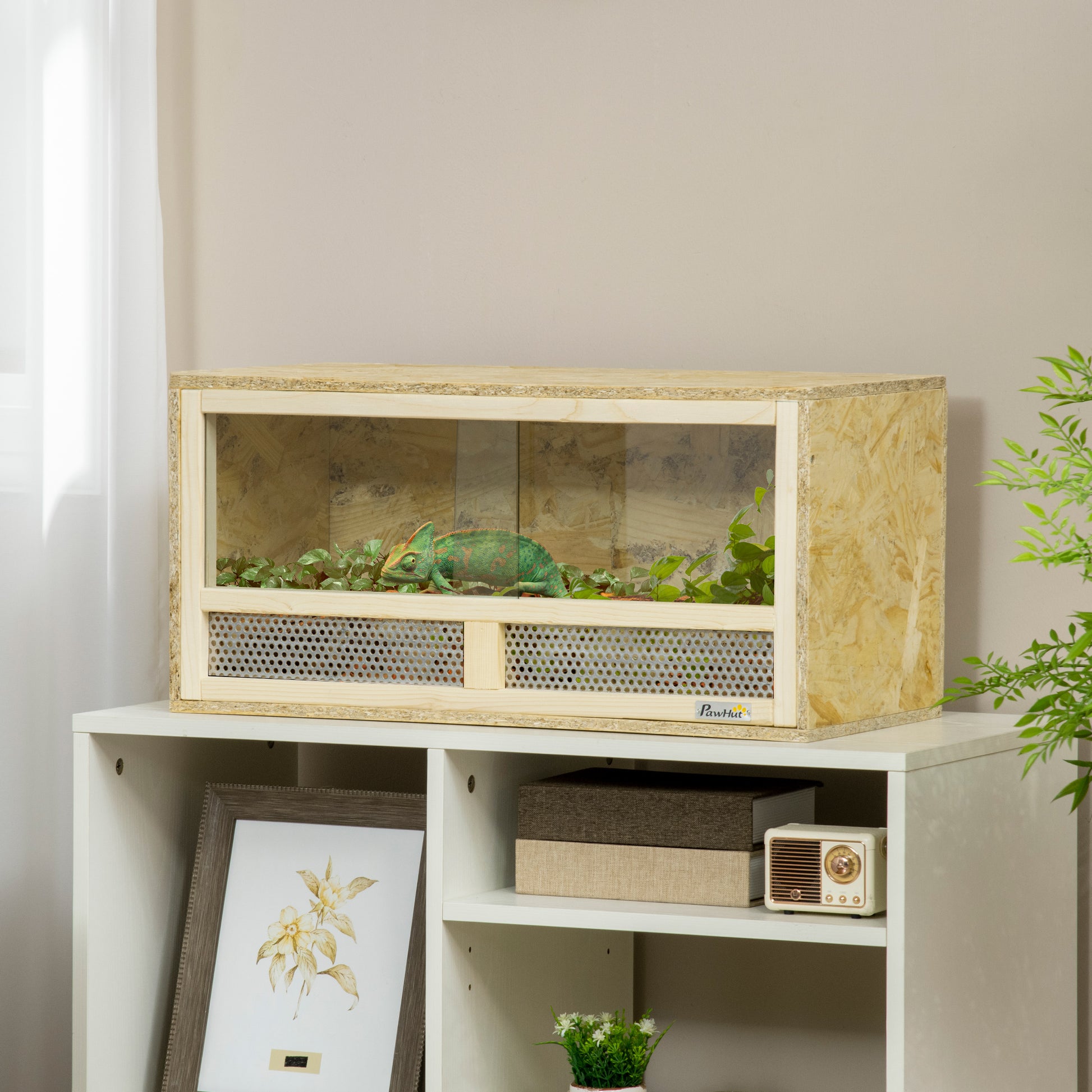 Wooden Reptile Terrarium, Reptile Tank with Sliding Glass Doors and Net Panels, Multi-Purpose Reptile Enclosure, 60x29.5x29.5 cm, for Lizards, Chameleons, Snakes