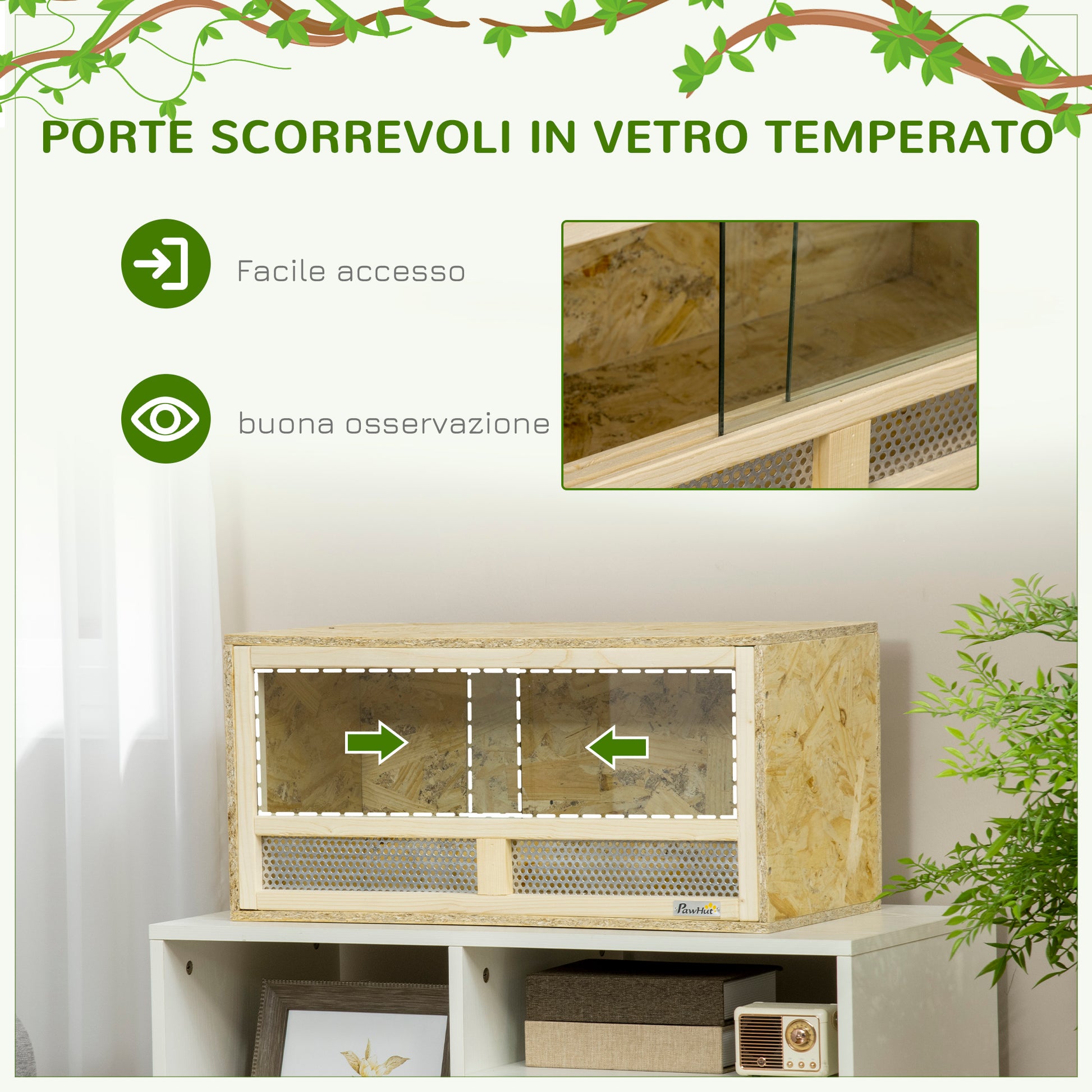 Wooden Reptile Terrarium, Reptile Tank with Sliding Glass Doors and Net Panels, Multi-Purpose Reptile Enclosure, 60x29.5x29.5 cm, for Lizards, Chameleons, Snakes