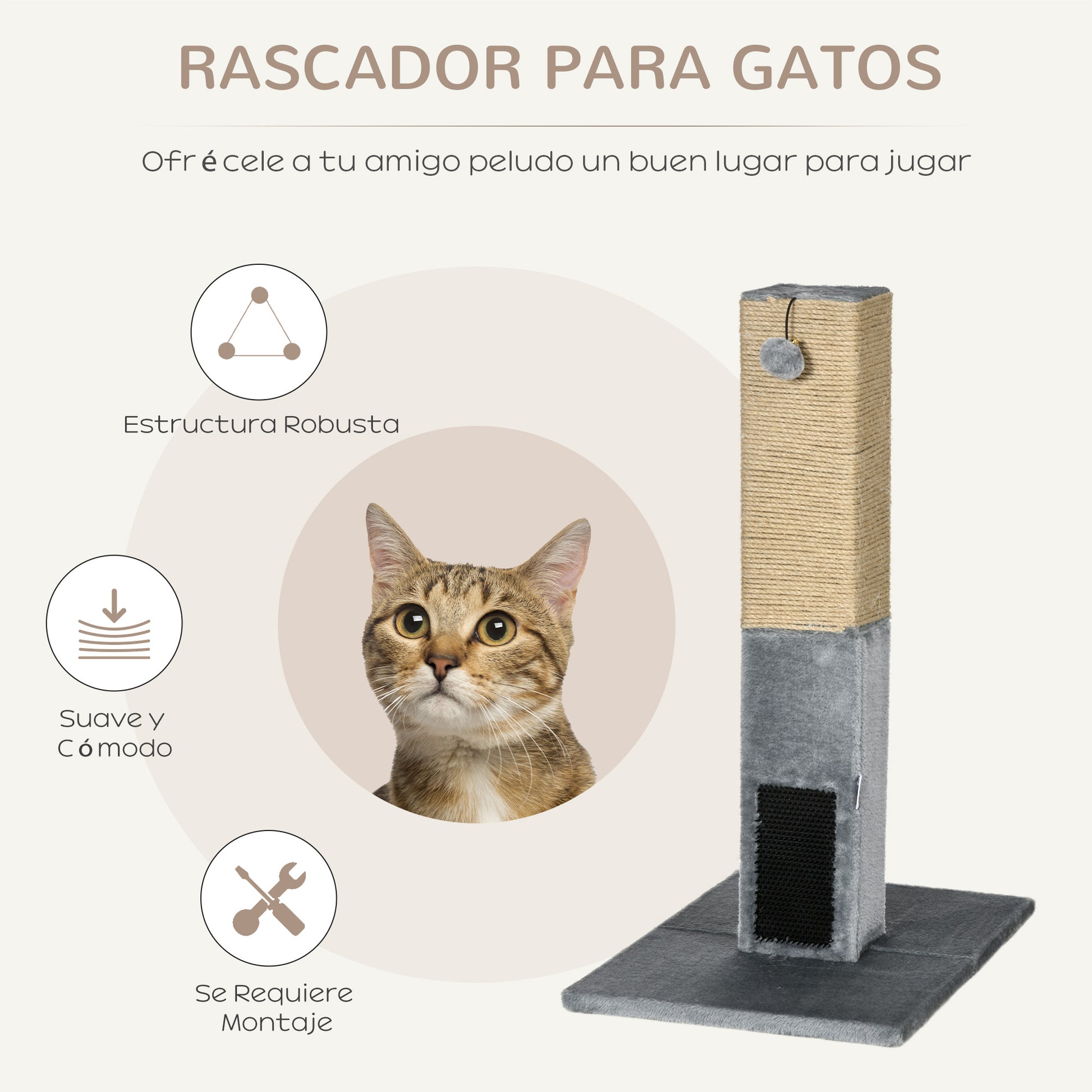 79 cm Cat Scratching Post Cat Scratcher with Hanging Ball Bell and Jute Post 59.5x39x79 cm Gray
