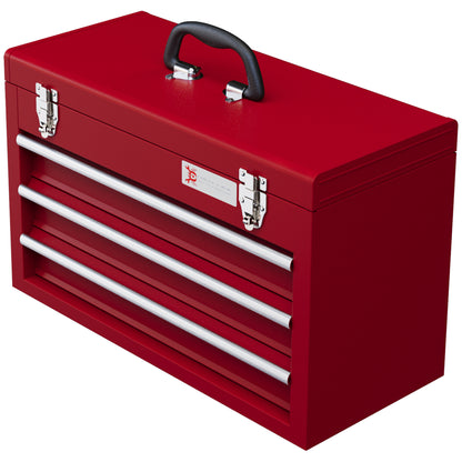 Empty Tool Case, 51 x 22 x 32 cm Toolbox with 3 Drawers, Upper Storage Compartment, Handle, Tool Chest with 2 Locks, Made of Steel, Red