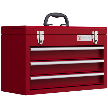 Empty Tool Case, 51 x 22 x 32 cm Toolbox with 3 Drawers, Upper Storage Compartment, Handle, Tool Chest with 2 Locks, Made of Steel, Red