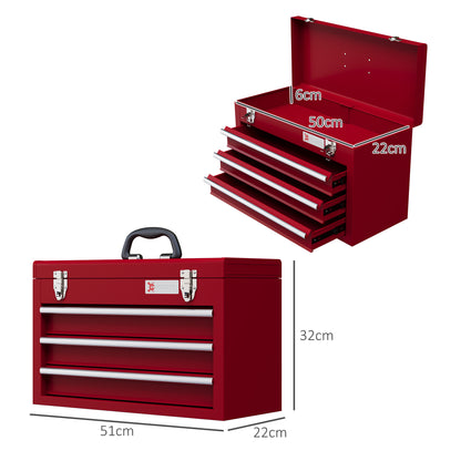Empty Tool Case, 51 x 22 x 32 cm Toolbox with 3 Drawers, Upper Storage Compartment, Handle, Tool Chest with 2 Locks, Made of Steel, Red