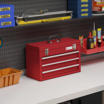 Empty Tool Case, 51 x 22 x 32 cm Toolbox with 3 Drawers, Upper Storage Compartment, Handle, Tool Chest with 2 Locks, Made of Steel, Red