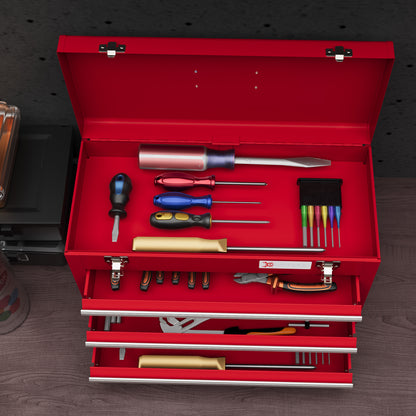 Empty Tool Case, 51 x 22 x 32 cm Toolbox with 3 Drawers, Upper Storage Compartment, Handle, Tool Chest with 2 Locks, Made of Steel, Red