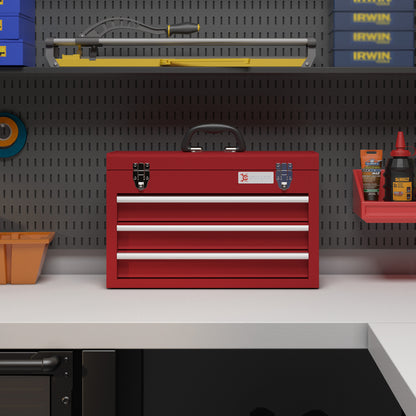 Empty Tool Case, 51 x 22 x 32 cm Toolbox with 3 Drawers, Upper Storage Compartment, Handle, Tool Chest with 2 Locks, Made of Steel, Red