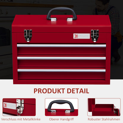Empty Tool Case, 51 x 22 x 32 cm Toolbox with 3 Drawers, Upper Storage Compartment, Handle, Tool Chest with 2 Locks, Made of Steel, Red