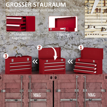 Empty Tool Case, 51 x 22 x 32 cm Toolbox with 3 Drawers, Upper Storage Compartment, Handle, Tool Chest with 2 Locks, Made of Steel, Red