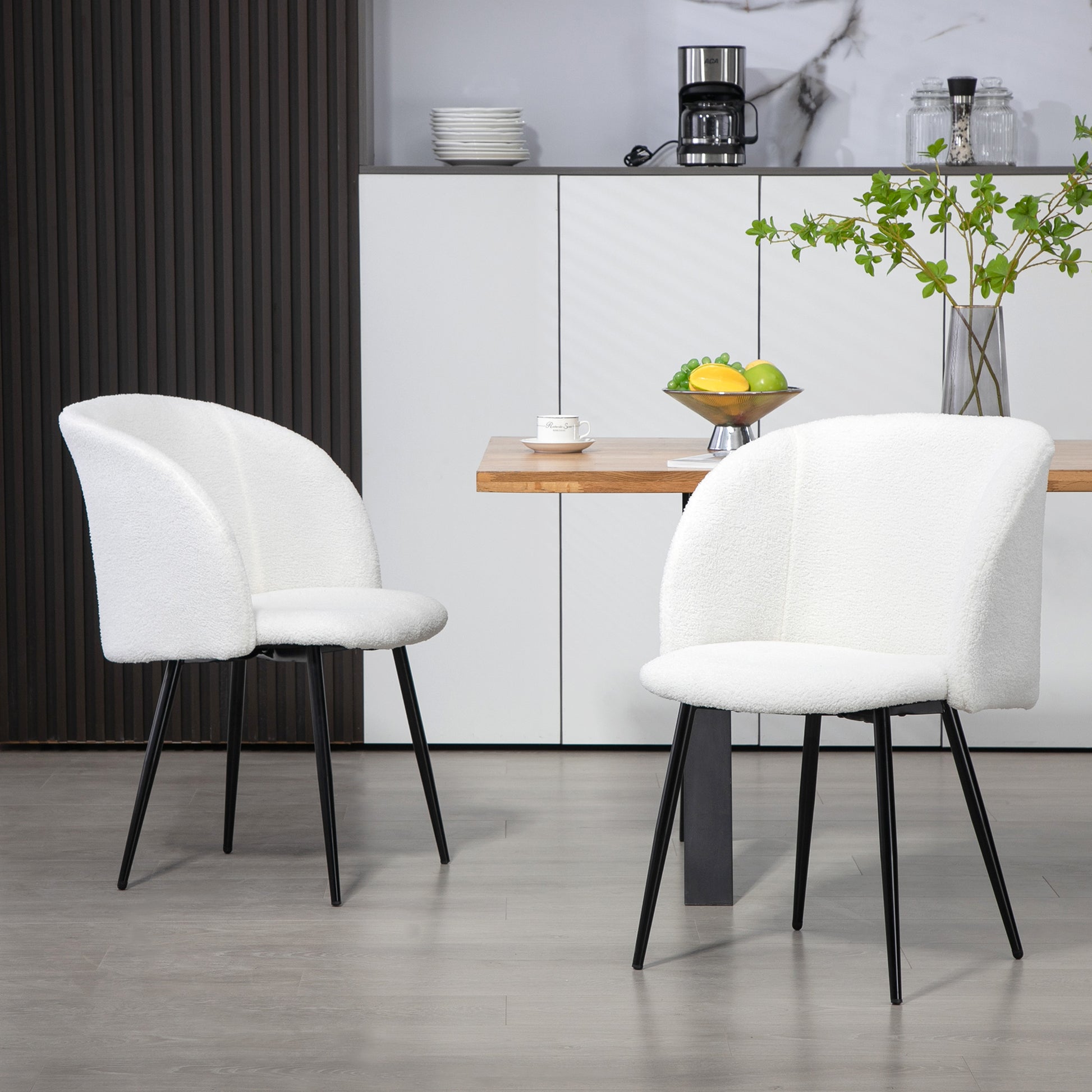 Set of 2 Dining Chairs Kitchen Chairs in Loop Wool Effect Fabric Living Room Chairs with Steel Legs - 55 x 62 x 80 cm White Black