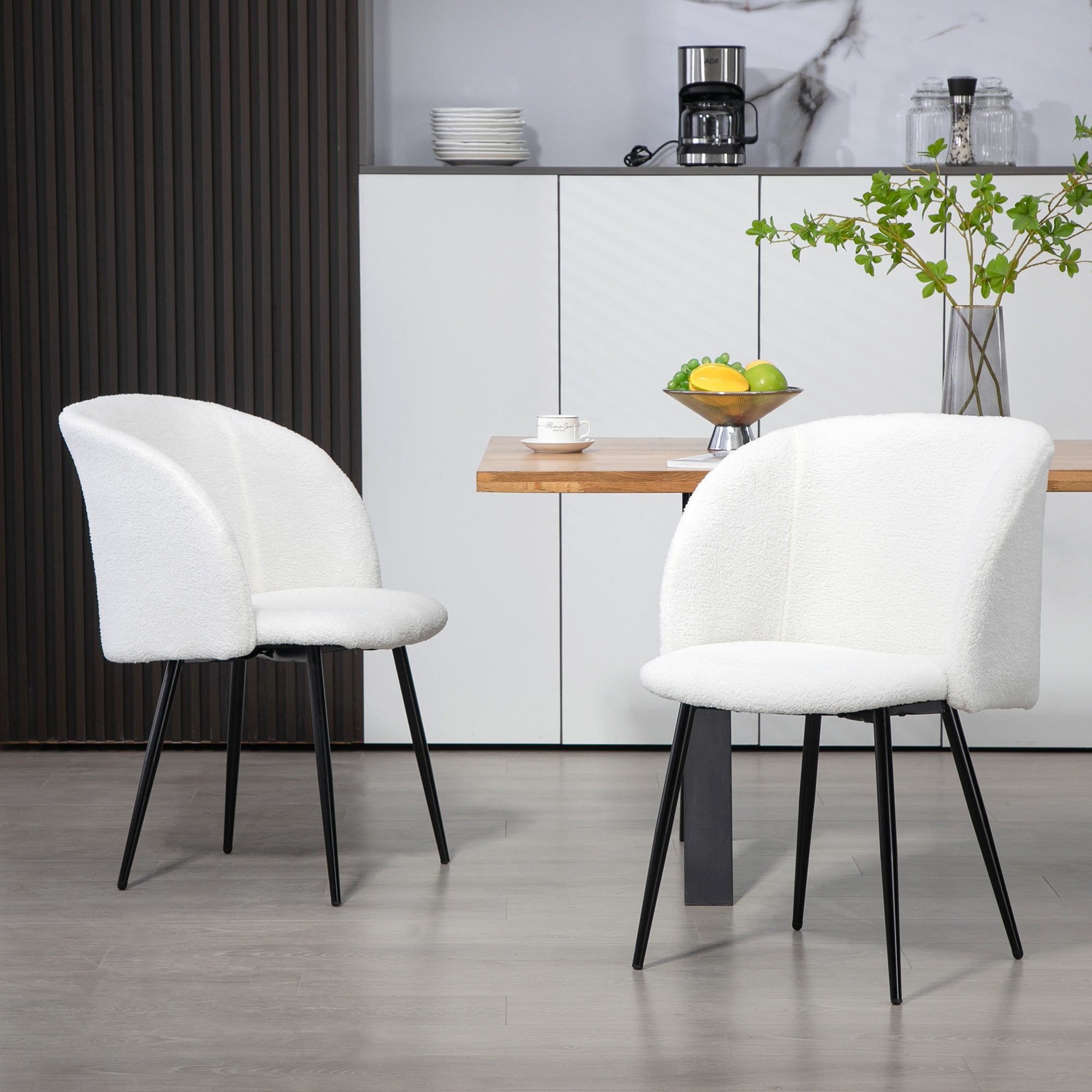 Set of 2 Dining Chairs Kitchen Chairs in Loop Wool Effect Fabric Living Room Chairs with Steel Legs - 55 x 62 x 80 cm White Black