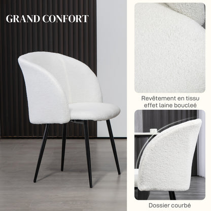 Set of 2 Dining Chairs Kitchen Chairs in Loop Wool Effect Fabric Living Room Chairs with Steel Legs - 55 x 62 x 80 cm White Black