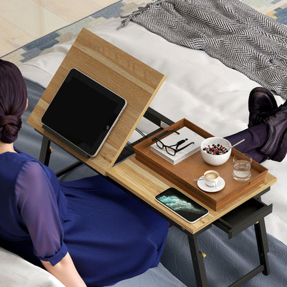 Adjustable and Tilted Monitor Stand with Side Drawer, Foldable Bamboo and MDF PC Monitor Stand, 86x33x22.5-32 cm, Oak and Black