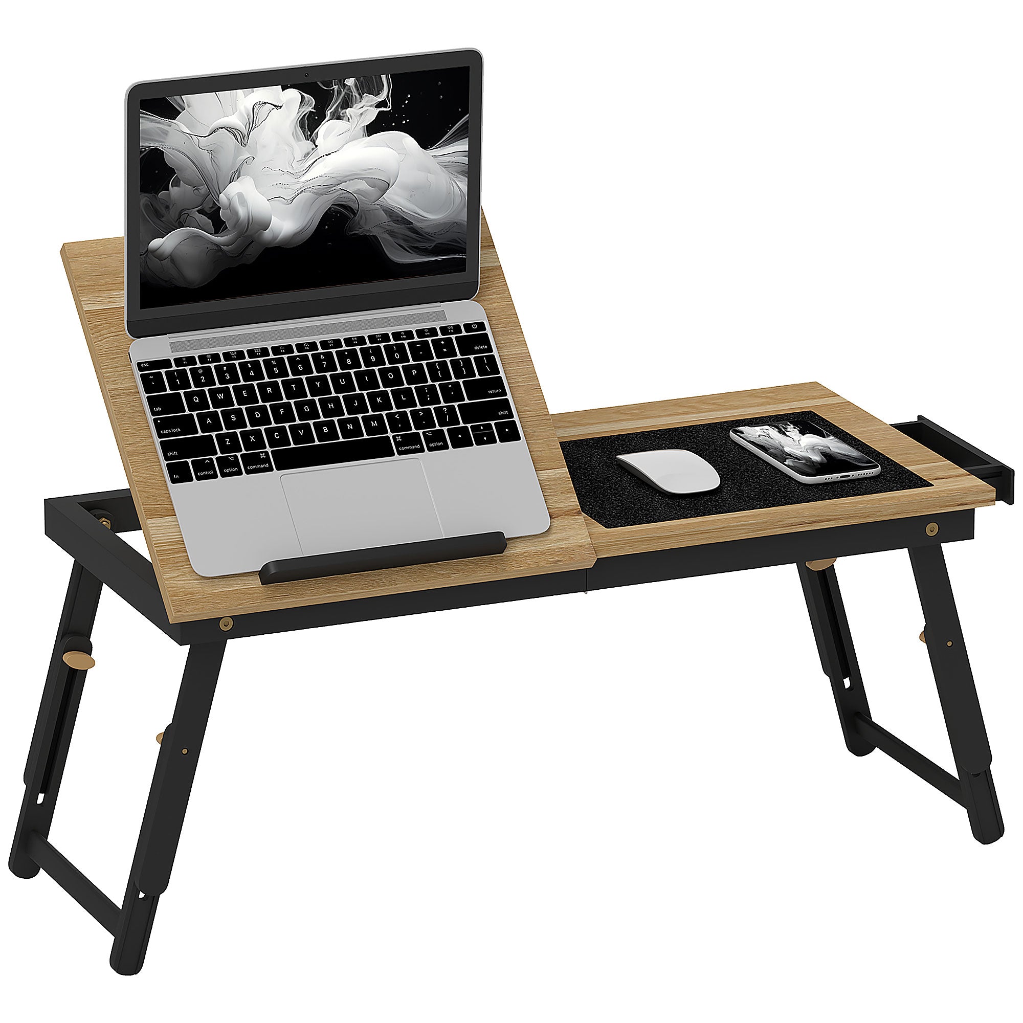 Adjustable and Tilted Monitor Stand with Side Drawer, Foldable Bamboo and MDF PC Monitor Stand, 86x33x22.5-32 cm, Oak and Black