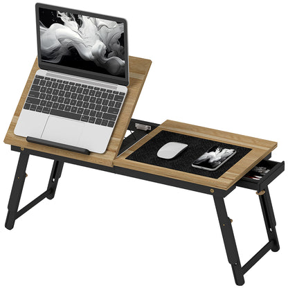 Adjustable and Tilted Monitor Stand with Side Drawer, Foldable Bamboo and MDF PC Monitor Stand, 86x33x22.5-32 cm, Oak and Black