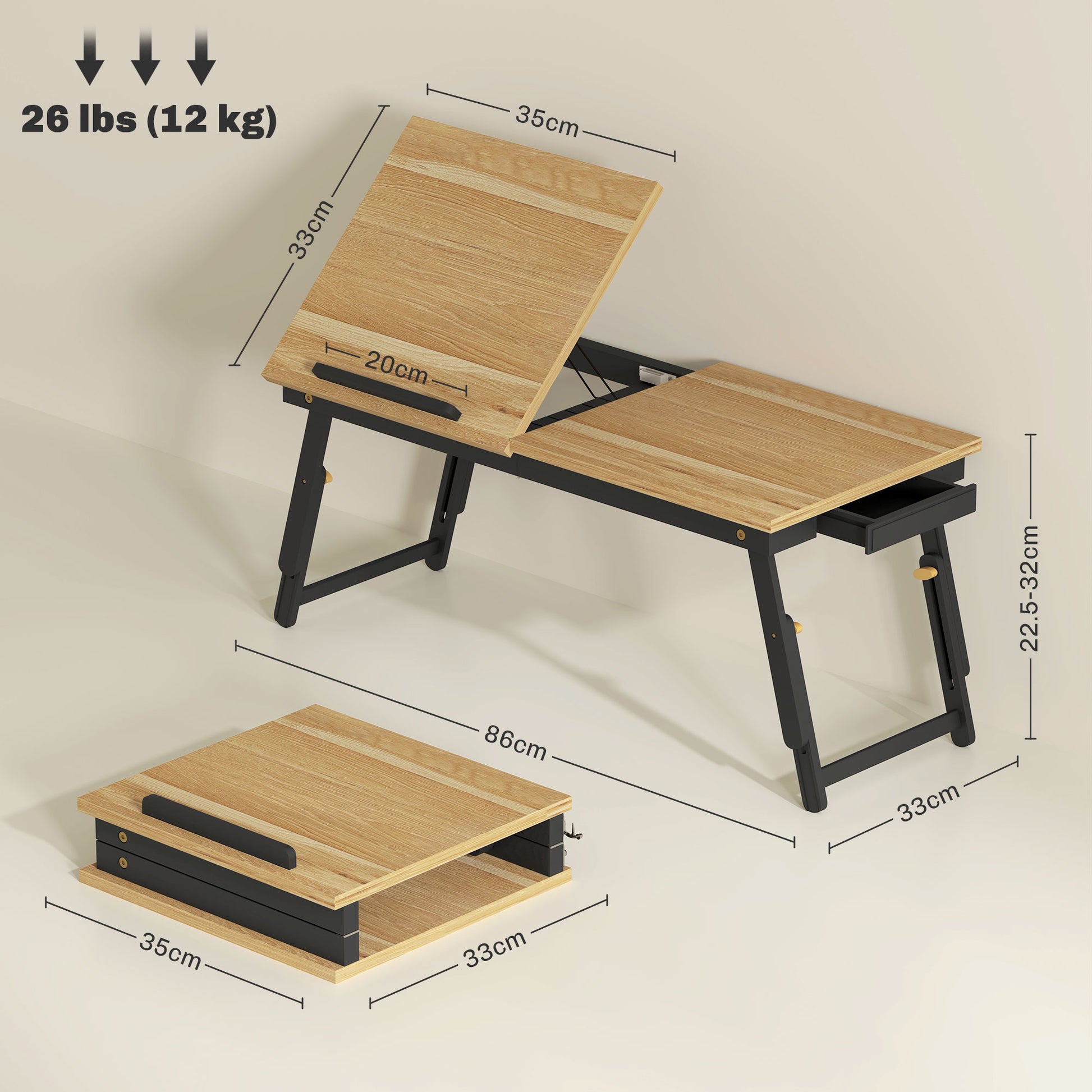 Adjustable and Tilted Monitor Stand with Side Drawer, Foldable Bamboo and MDF PC Monitor Stand, 86x33x22.5-32 cm, Oak and Black