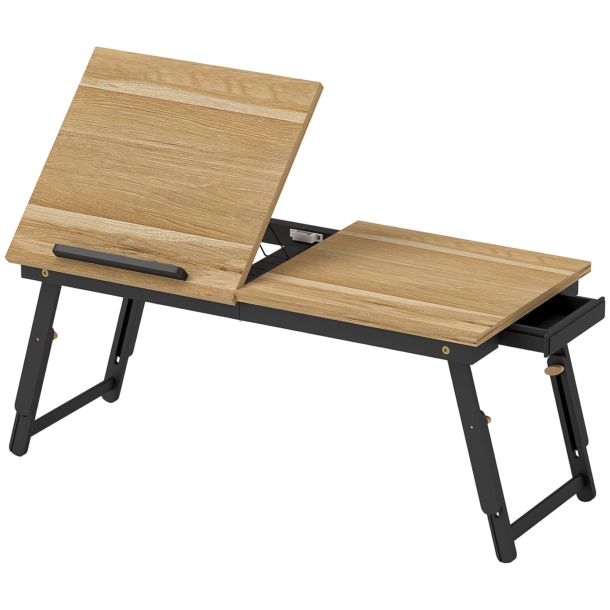 Adjustable and Tilted Monitor Stand with Side Drawer, Foldable Bamboo and MDF PC Monitor Stand, 86x33x22.5-32 cm, Oak and Black