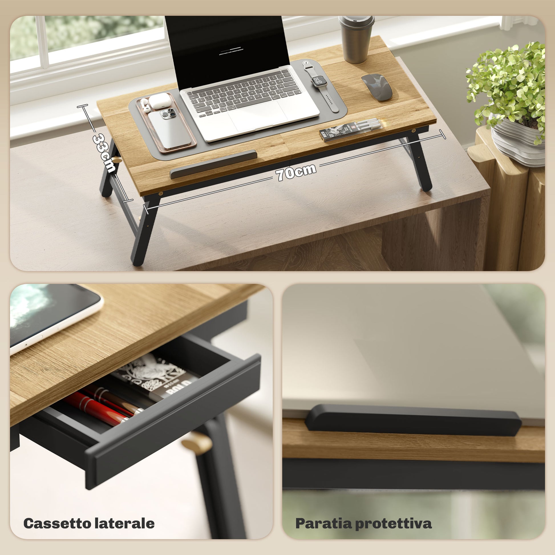 Adjustable and Tilted Monitor Stand with Side Drawer, Foldable Bamboo and MDF PC Monitor Stand, 86x33x22.5-32 cm, Oak and Black