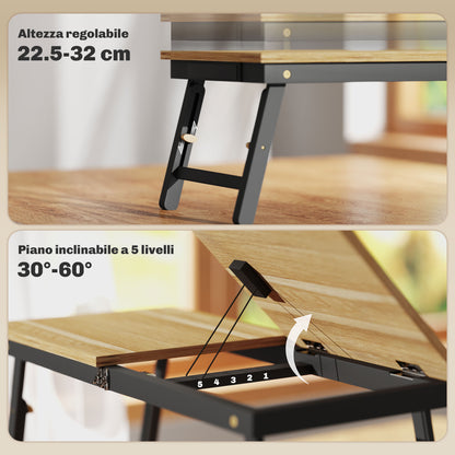 Adjustable and Tilted Monitor Stand with Side Drawer, Foldable Bamboo and MDF PC Monitor Stand, 86x33x22.5-32 cm, Oak and Black