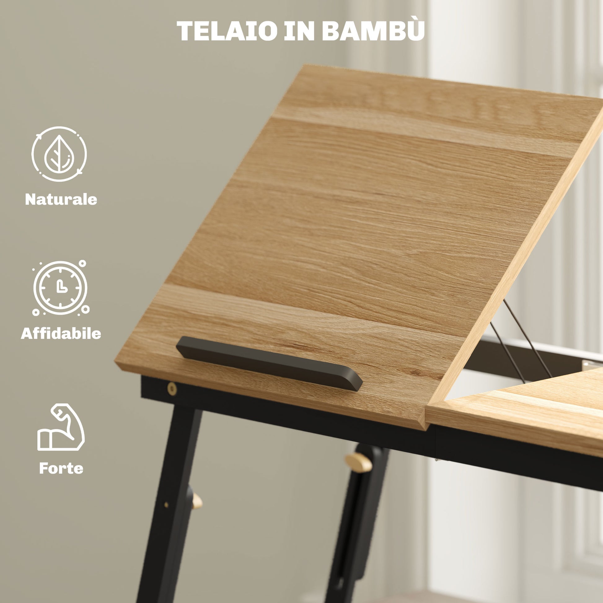 Adjustable and Tilted Monitor Stand with Side Drawer, Foldable Bamboo and MDF PC Monitor Stand, 86x33x22.5-32 cm, Oak and Black