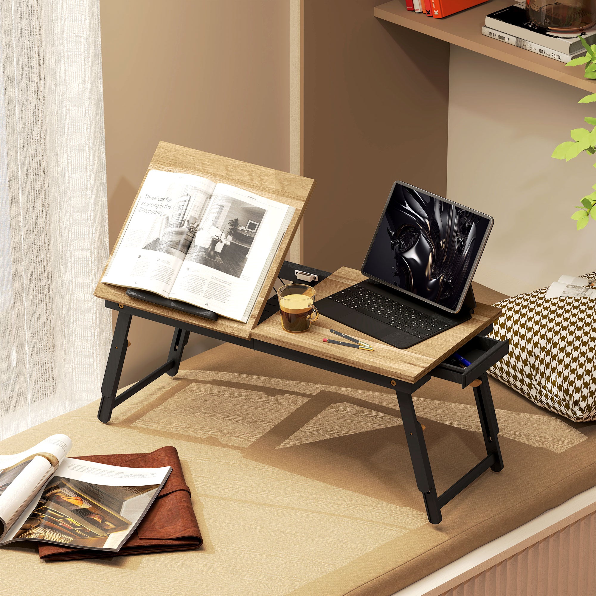 Adjustable and Tilted Monitor Stand with Side Drawer, Foldable Bamboo and MDF PC Monitor Stand, 86x33x22.5-32 cm, Oak and Black