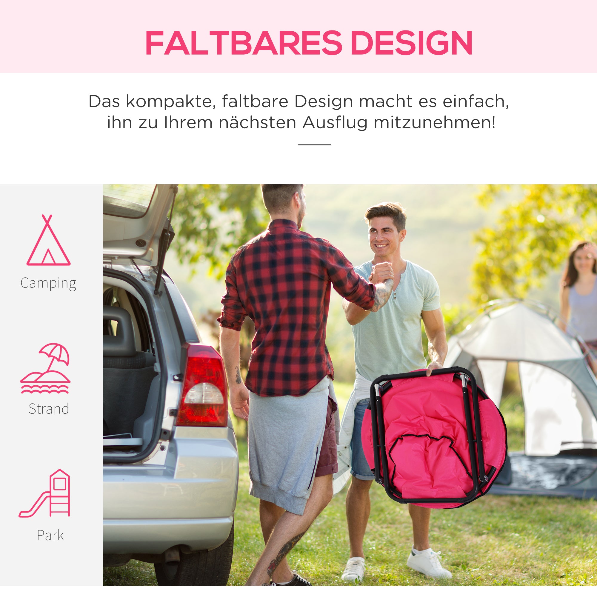Folding Camping Chair Camp Chair with Backrest, Folding Chair up to 120kg, Padded Moonchair Extra Wide, Folding Outdoor Chair for Garden, Balcony, Camping, Pink