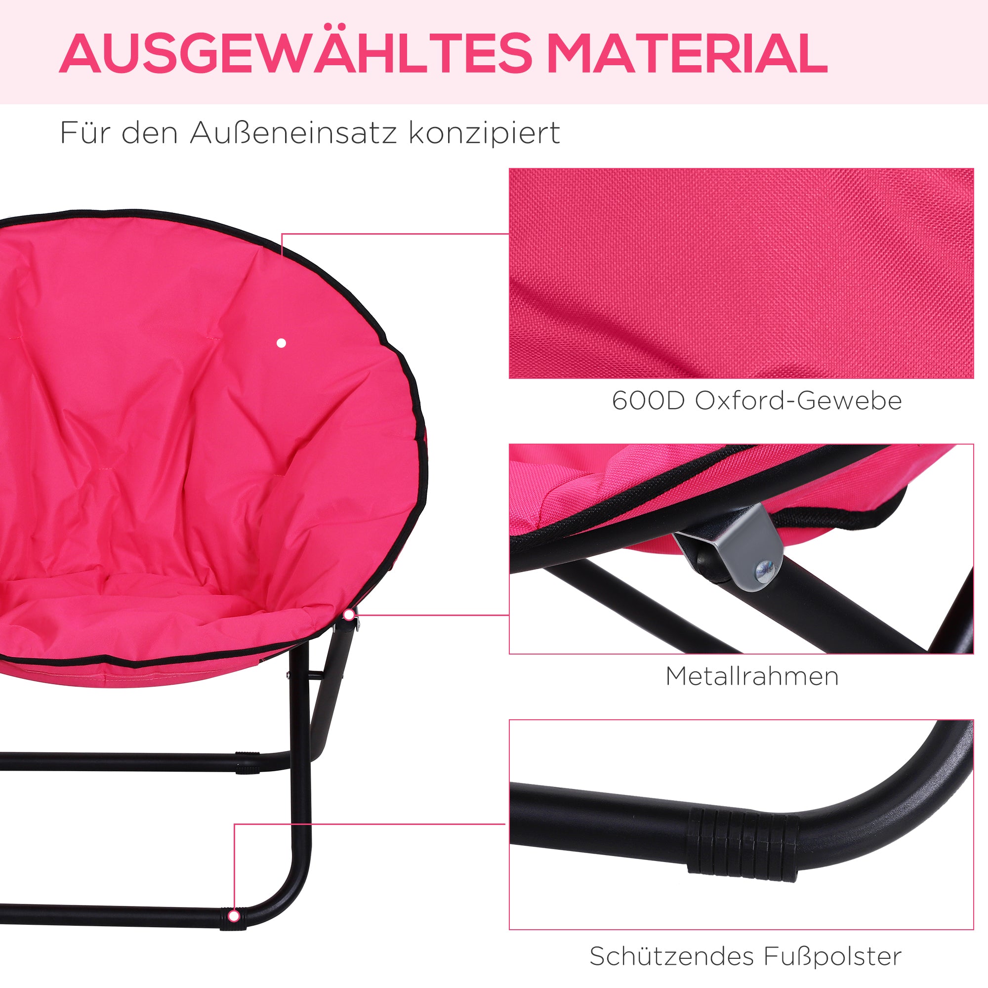 Folding Camping Chair Camp Chair with Backrest, Folding Chair up to 120kg, Padded Moonchair Extra Wide, Folding Outdoor Chair for Garden, Balcony, Camping, Pink