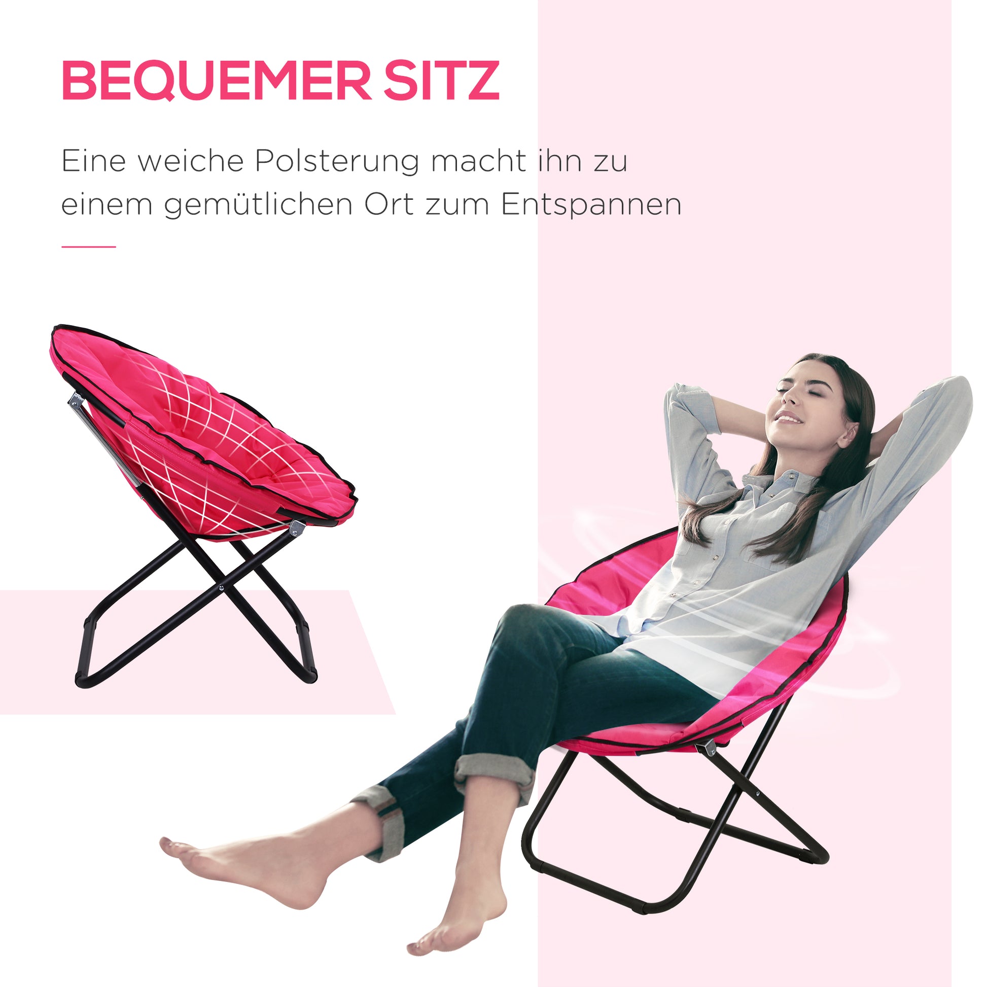Folding Camping Chair Camp Chair with Backrest, Folding Chair up to 120kg, Padded Moonchair Extra Wide, Folding Outdoor Chair for Garden, Balcony, Camping, Pink