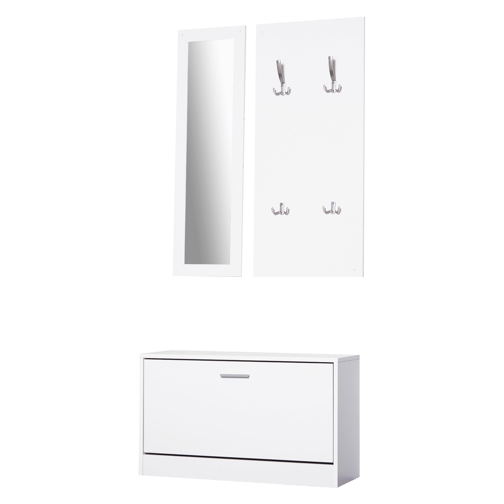 Entryway Furniture Set Hallway 3-Piece Shoe Cabinet Mirror Coat Rack with 4 Hooks for Hanging Clothes 80x27x46.5cm White