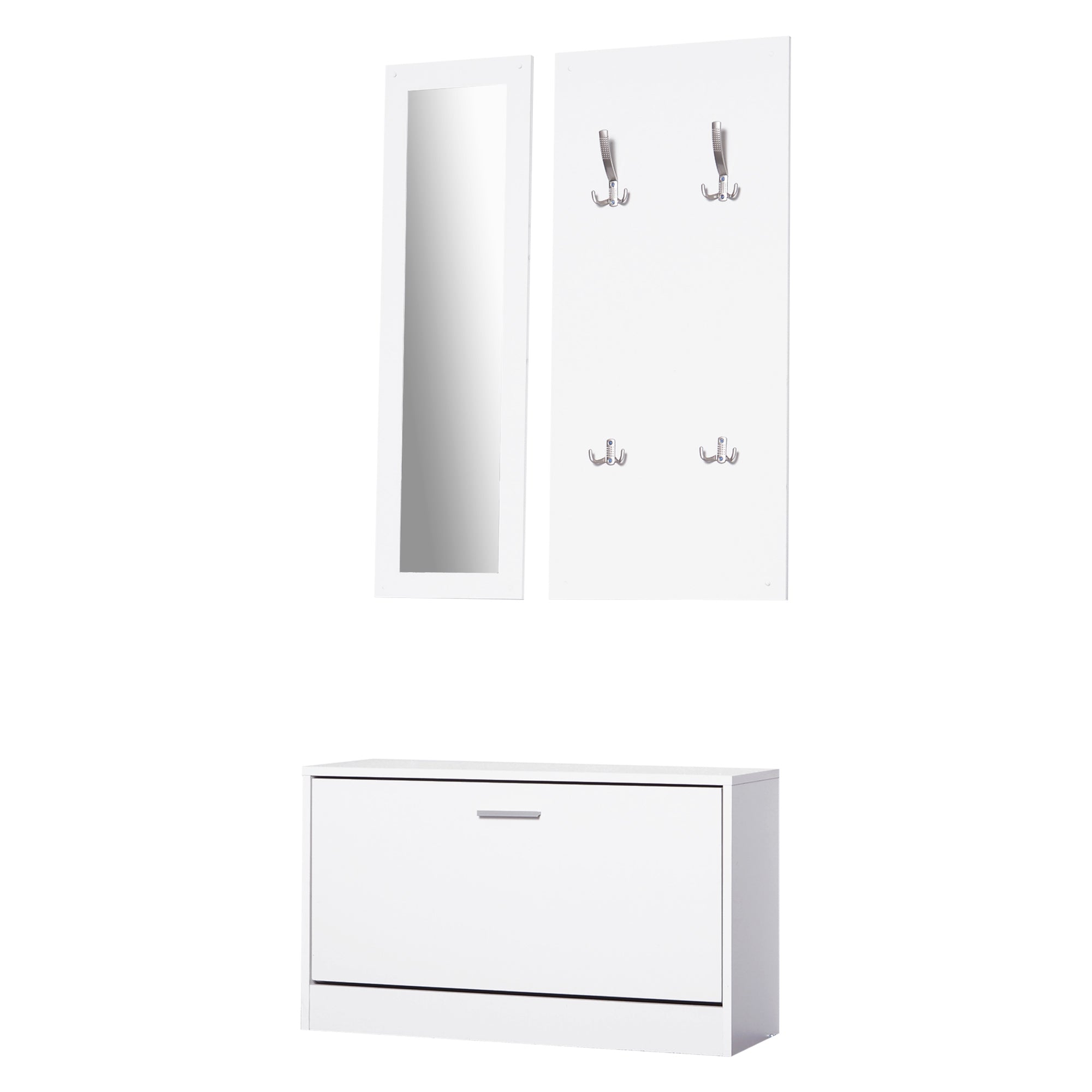 Entryway Furniture Set Hallway 3-Piece Shoe Cabinet Mirror Coat Rack with 4 Hooks for Hanging Clothes 80x27x46.5cm White