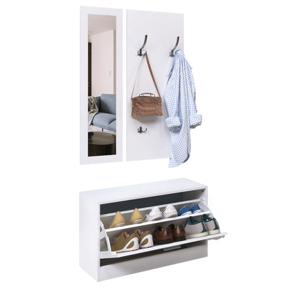 Entryway Furniture Set Hallway 3-Piece Shoe Cabinet Mirror Coat Rack with 4 Hooks for Hanging Clothes 80x27x46.5cm White