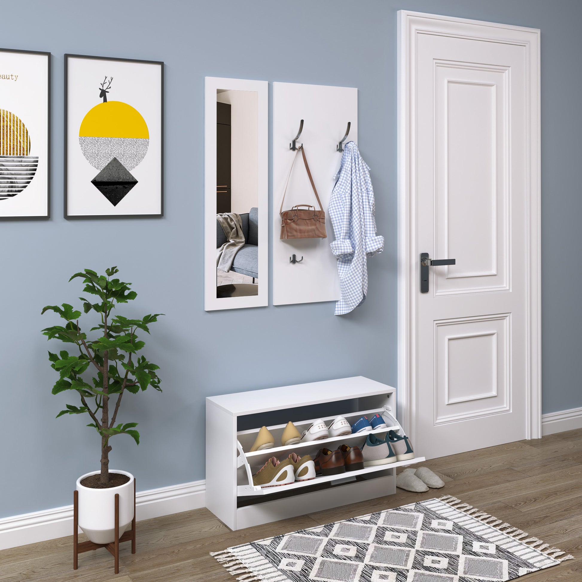 Entryway Furniture Set Hallway 3-Piece Shoe Cabinet Mirror Coat Rack with 4 Hooks for Hanging Clothes 80x27x46.5cm White