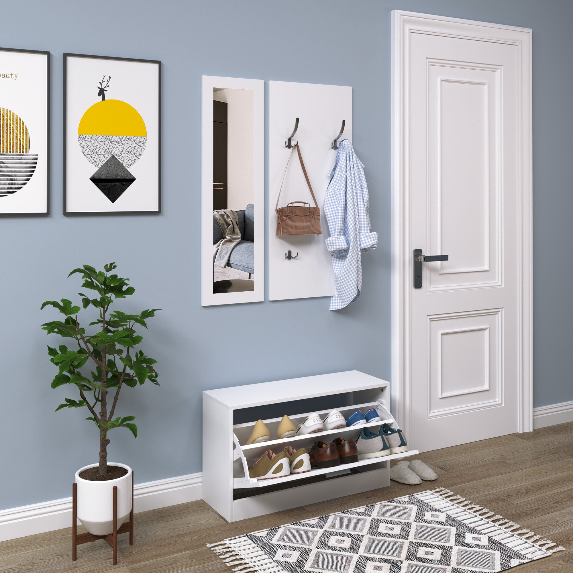 Entryway Furniture Set Hallway 3-Piece Shoe Cabinet Mirror Coat Rack with 4 Hooks for Hanging Clothes 80x27x46.5cm White