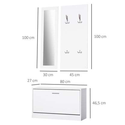 Entryway Furniture Set Hallway 3-Piece Shoe Cabinet Mirror Coat Rack with 4 Hooks for Hanging Clothes 80x27x46.5cm White