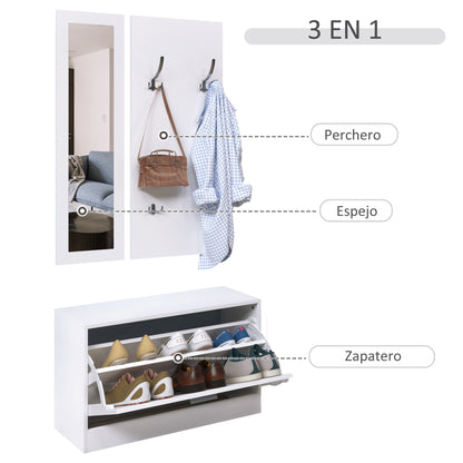 Entryway Furniture Set Hallway 3-Piece Shoe Cabinet Mirror Coat Rack with 4 Hooks for Hanging Clothes 80x27x46.5cm White