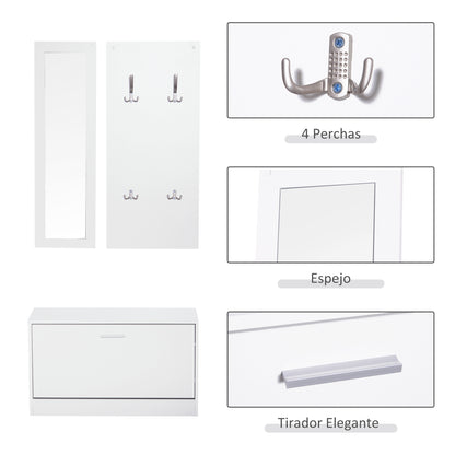 Entryway Furniture Set Hallway 3-Piece Shoe Cabinet Mirror Coat Rack with 4 Hooks for Hanging Clothes 80x27x46.5cm White