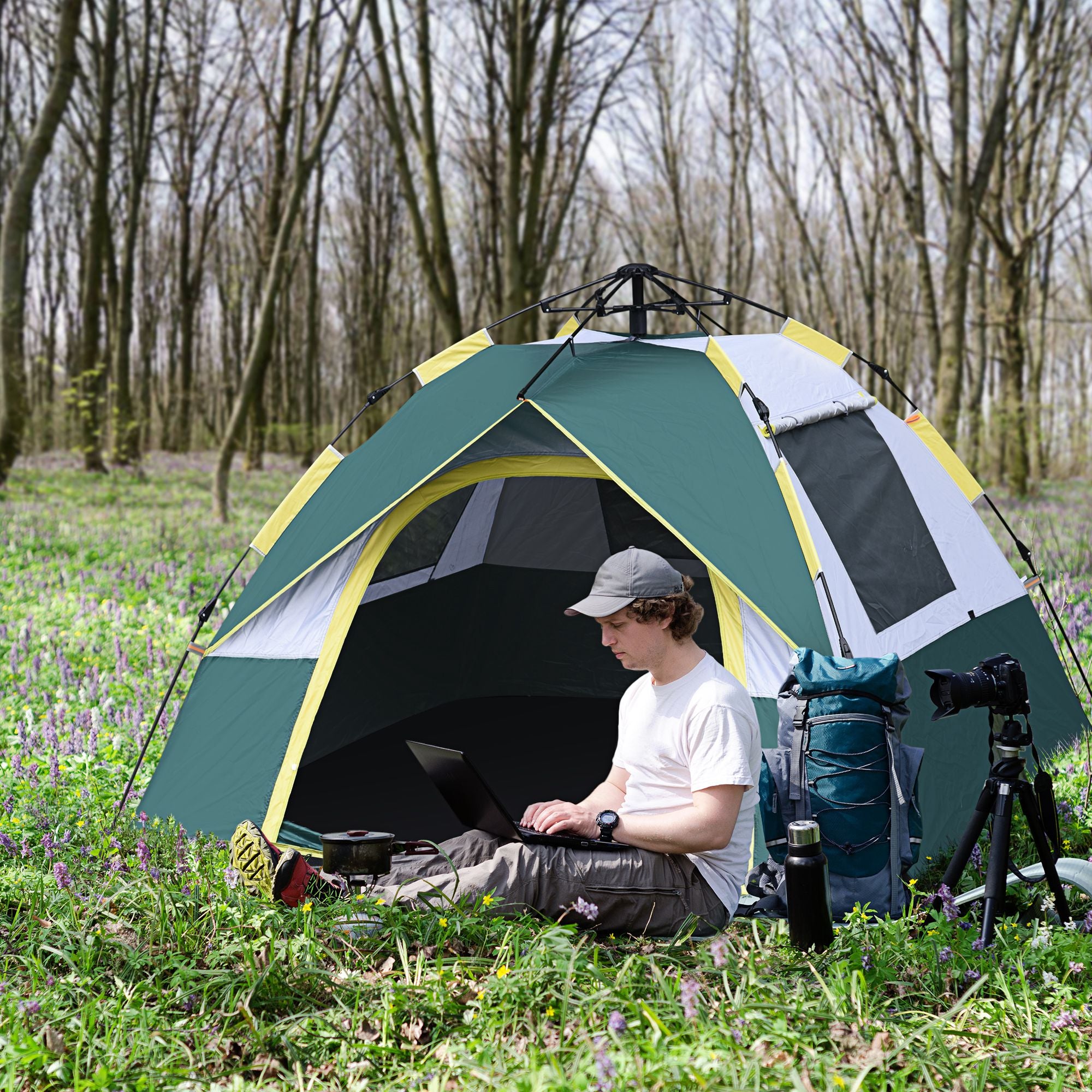 Camping Tent for 3 Persons Pop-up Dome Tent with Window, Carry Bag, Hooks, Floor Mat, Family Tent with 1000mm Water Column Tent for Camping Travel Trekking Garden