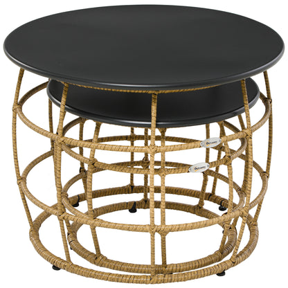 2-Piece Side Table Set, Rattan Coffee Table, Metal Tabletop, Handwoven Sofa Table for Garden, Balcony, Ø46+Ø60 cm, Sand