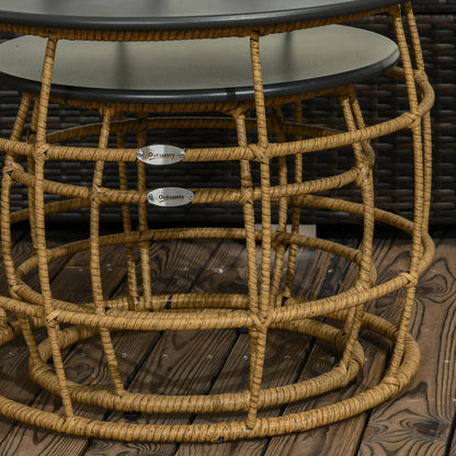 2-Piece Side Table Set, Rattan Coffee Table, Metal Tabletop, Handwoven Sofa Table for Garden, Balcony, Ø46+Ø60 cm, Sand