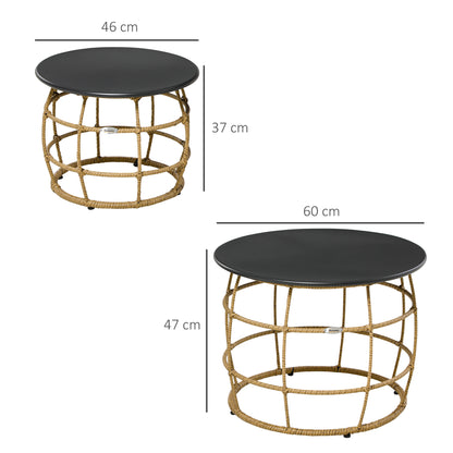 2-Piece Side Table Set, Rattan Coffee Table, Metal Tabletop, Handwoven Sofa Table for Garden, Balcony, Ø46+Ø60 cm, Sand