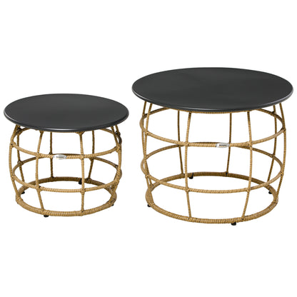 2-Piece Side Table Set, Rattan Coffee Table, Metal Tabletop, Handwoven Sofa Table for Garden, Balcony, Ø46+Ø60 cm, Sand