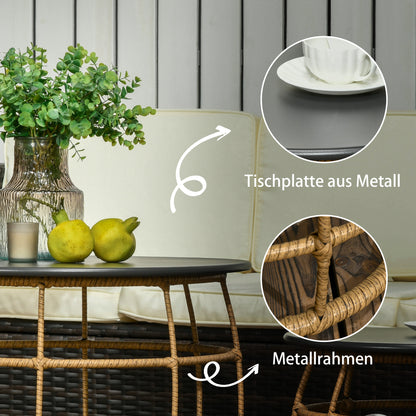 2-Piece Side Table Set, Rattan Coffee Table, Metal Tabletop, Handwoven Sofa Table for Garden, Balcony, Ø46+Ø60 cm, Sand
